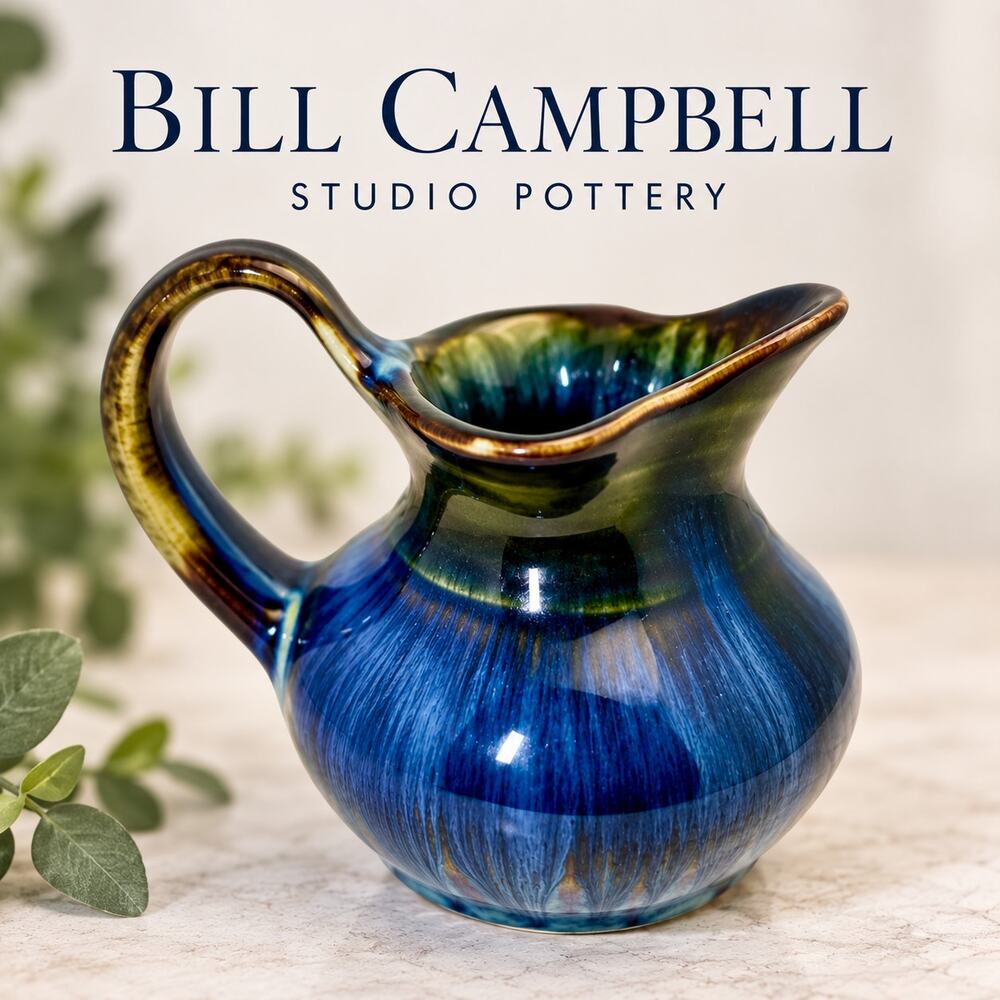 Bill Campbell Studio Pottery Blue Drip Glaze Creamer Pitcher 4.5" Signed